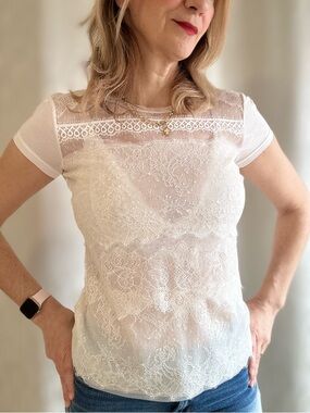 BCBGMaxAzria White Lace Sheer Short-Sleeve Camisole Top